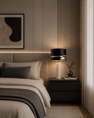 Elegancka prosta lampa stołowa z białą lakierowaną podstawą i niebanalnym czarnym abażurem ze złotymi elementami SERRA 4232