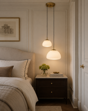 Designerska szklana lampa wisząca dwa klosze białe szkło złote dodatki TRINI 902