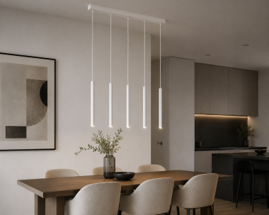 Minimalistyczna metalowa lampa wisząca  biała rurki tuby wbudowany moduł LED 5-płomienna listwa ETNA 2062