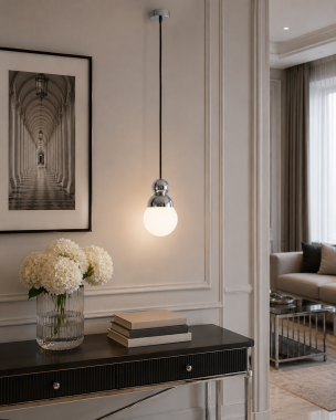 Nowoczesna minimalistyczna szklano-stalowa lampa chrom kula mleczny biały klosz FLORES 4034