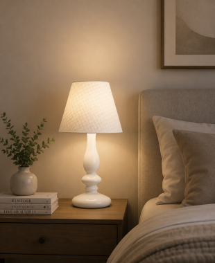 Stylowa szklana lampa stołowa z białym abażurem i podstawą OLINDA 3438