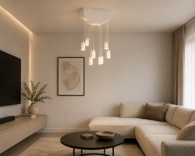 Artystyczna nowoczesna lampa wisząca drewniana 9 przewódw biała LED BABILON 5019