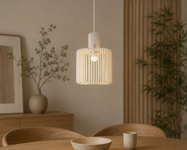 Nowoczesna drewniana lampa wisząca biały skandynawski duży walec sklejka PORTORYKO 3662