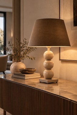 Lampa stołowa z abażurem szklane kule brązowa taupe FUDŻI 9065