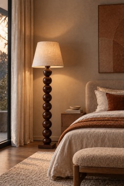 Lampa podłogowa z lnianym abażurem szklane kule beżowa brązowa FUDŻI 9068