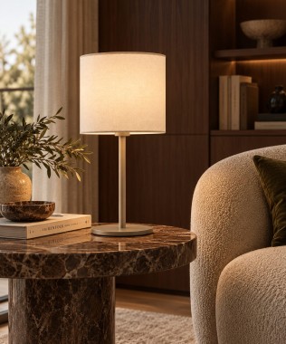 Lampa stołowa z abażurem walec minimalistyczna biała taupe HILARY NEW 9071